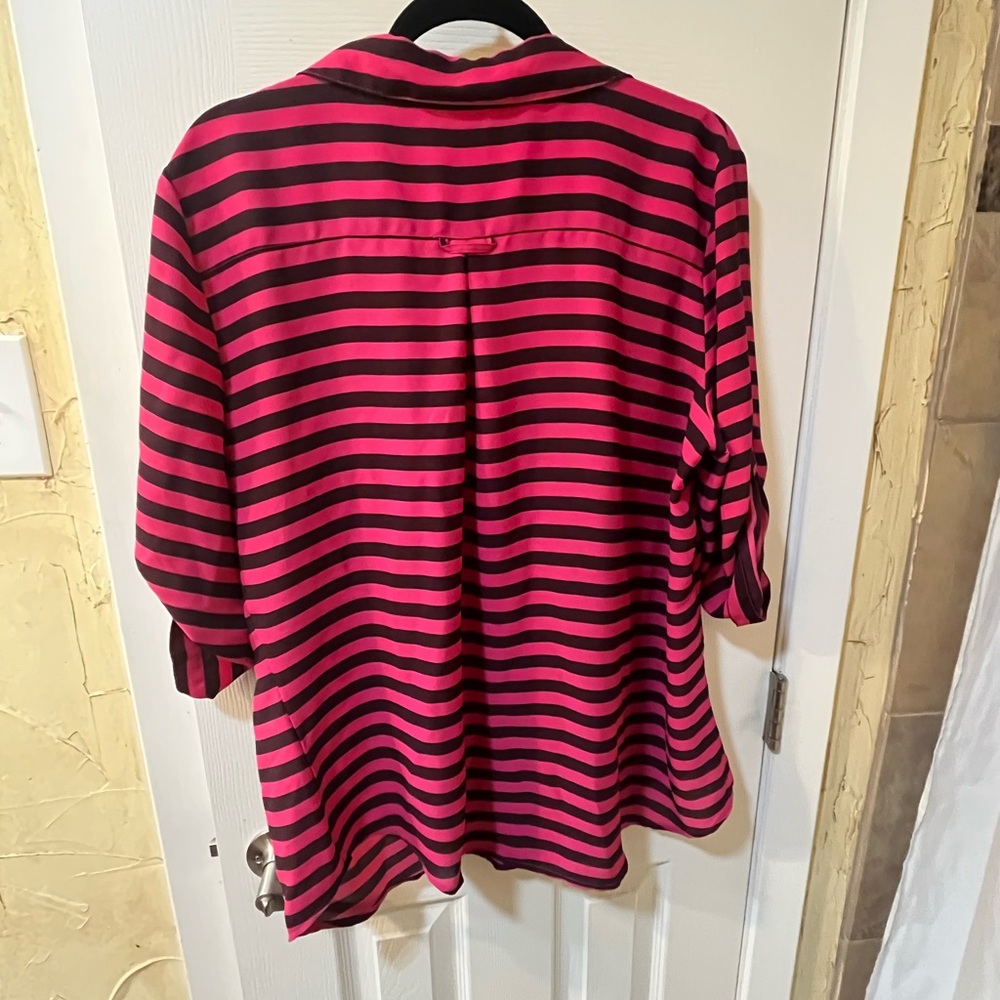 Hot Pink and Black Striped Collared V-Neck Blouse - Picture 2 of 5
